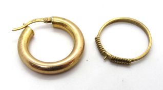 A 9ct gold hoop earring and a 9ct gold ring, pearl deficient, two items both hallmarked 375,