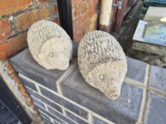 A pair of concrete hedgehogs.