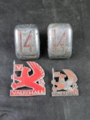 Two Vauxhall Griffin badges designed for early models such as the Mk 1 Cavalier and Chevette.