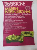 An original 1971 Silverstone Grand Prix circuit poster for the Martini International Club Trophy