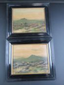 A pair of overpainted prints of Scottish scenes, each being Highland cattle amongst the heather,
