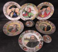 A set of six Royal Doulton character plates together with two pot lids.