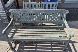 A wooden garden bench and pair of chairs for restoration/decorative use.
