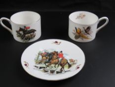 A fox hunting themed mug and saucer by Royal Tuscan, together with Royal Tuscan pheasant mug.