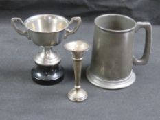 A hallmarked silver bud vase a/f together with a silver plated trophy and pewter tankard.