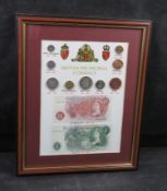 A framed and glazed 'British Pre-decimal currency' display.