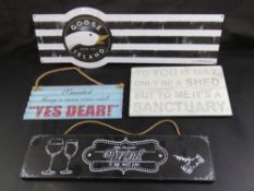 Four contemporary wall signs including Goose Island Beer.