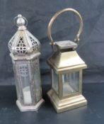 A contemporary Persian style glazed metal lantern standing 38cm high together with a glazed brass