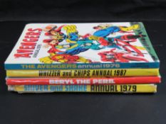 Four assorted vintage annuals: The Avengers 1976, Beryl the Peril, Whizzer and Chips 1987,