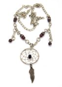 A silver Native American style dream catcher pendant on chain, stamped 925.