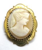 A vintage carved shell cameo Brooch, yellow metal frame indistinct marks, approx 3.5cm tall.