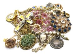 A quantity of assorted costume jewellery including silver medallion and cameo ring.