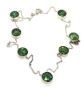 A 925 silver and green foiled glass cabachon necklace.