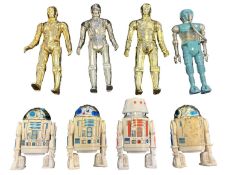 STAR WARS VINTAGE FIGURES: C-3PO, R2-D2, R5-D4, 2-1B Medical Droid. Marked LFL or GMFGI