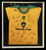 A 2005 Norwich City shirt, bearing 26 signatures including: Darren Ward, Zesh Rehman, Ryan Jarvis