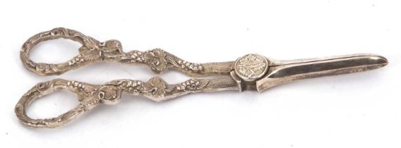 A pair of Victorian silver grape scissors having cast grape and vine twist handles, hallmarked