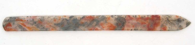 A vintage Moss Agate page turner, with green and red tones, 27cm long