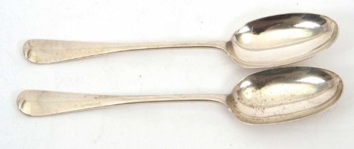 A pair of late Victorian silver Hanoverian rat tail pattern serving spoons, both initialled