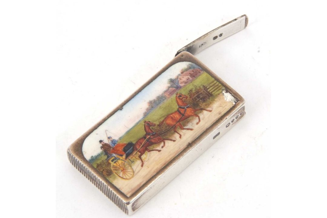 A Victorian silver and enamel vester case of rectangular form, featuring a detailed enamel scene - Image 5 of 8