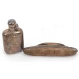 Mixed Lot: A George V small silver spirit flask of plain rectangular form having a hinged silver cap
