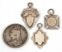 Mixed Lot:A Victorian silver crown dated 1892 together with three hallmarked silver fobs, g/w 55gms