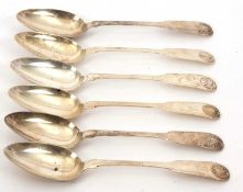 A set of six William IV Scottish dessert spoons, fiddle and shell pattern, initialled, hallmarked