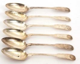 A set of six William IV Scottish dessert spoons, fiddle and shell pattern, initialled, hallmarked
