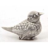 A white metal bird formed salt condiment, stamped 925, the naturalistic model bird with a hinged