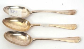 A group of three Scottish silver Hanoverian tablespoons, hallmarked for Edinburgh 1772, two with a