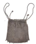 A ladies vintage white metal chain mail and beaded purse, 150gms