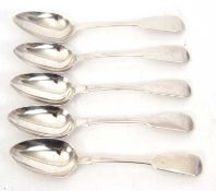 A group of five silver fiddle pattern dessert spoons, hallmarked for London 1835, makers mark for