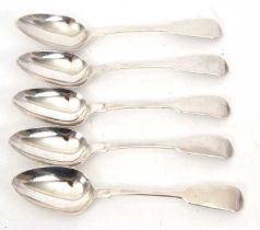 A group of five silver fiddle pattern dessert spoons, hallmarked for London 1835, makers mark for