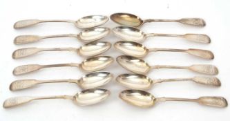 A set of twelve Victorian fiddle pattern teaspoons, initialled, hallmarked for Exeter 1868, makers