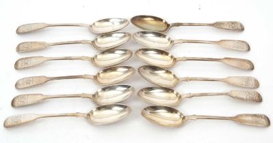 A set of twelve Victorian fiddle pattern teaspoons, initialled, hallmarked for Exeter 1868, makers
