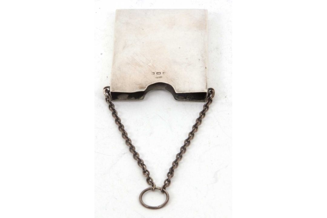An Edwardian silver card holder of plain rectangular form, suspended from a silver oval link chain - Image 5 of 6