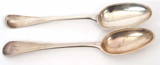 Two early 19th Century Dutch silver tablespoons, one initialled, 135gms (2)