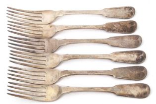 A set of six George III fiddle pattern table forks, initialled, hallmarked London 1818, makers