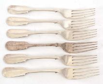 A set of six silver fiddle pattern table forks, hallmarked for Sheffield 1908, makers mark James