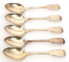 Five William IV silver fiddle pattern dessert spoons, initialled, hallmarked for London 1835, four