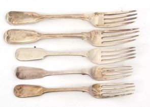A group of three Georgian silver forks together with two Victorian examples, various dates and