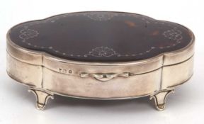 A George VI silver and tortoiseshell trinket/jewellery box of quatre-foil form, the hinge cover