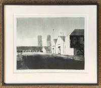 Contemporary School, monoprint of industrial buildings, bears indistict signature in pencil to plate