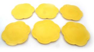 Set of six Maryse Honiton flower shaped plates, approx. 29cm diameter.