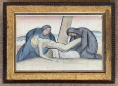 Arnold Auerbach (1898-1978), Two figures cradle a naked figure descent from a cross, watercolour and