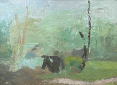 Init VP, Oil on board, Figures by a River.