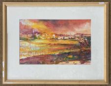 Martin Laurance (contemporary), abstract view over a harbour / port, mixed media, 55x34cm, signed,
