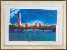 Clare Johnson (British, contemporary), 'Viewed upon Waterloo Bridge', monoprint, signed, 58x31cm,