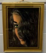 Arabic School (Contemporary), female onlooker in colour pigment on black velvet, signed, 39x27cm,