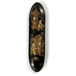 A lacquer spectacle or eye glass case, the front with gilt decoration of Chinese figures, late