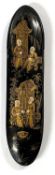 A lacquer spectacle or eye glass case, the front with gilt decoration of Chinese figures, late